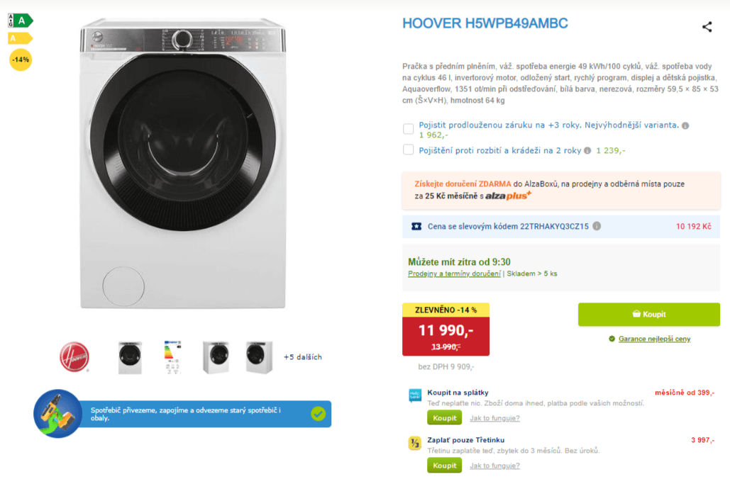 Pračka Hoover, 9kg, pára, 1350 ot.