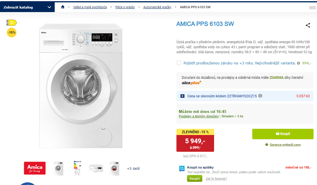 Pračka Amica, D, 1000 ot/min, 6 kg, 40 cm