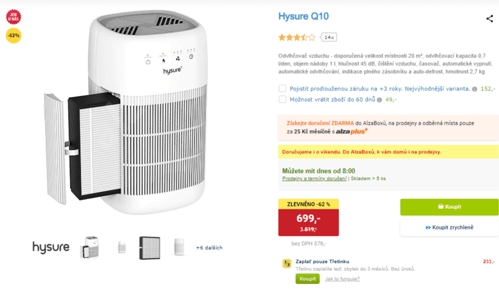 Odvlhčovač a čistička vzduchu Hysure 20 m²