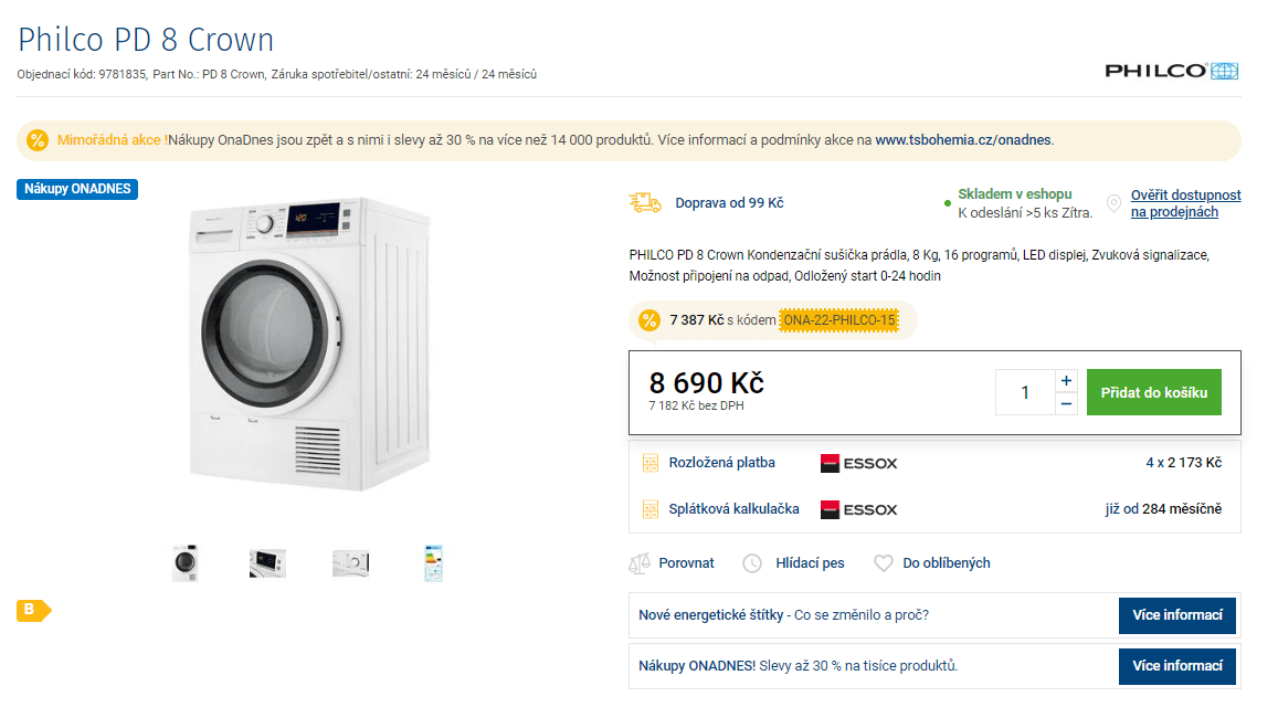 Kondenzační sušička Philco, 8 kg, 16 prog.