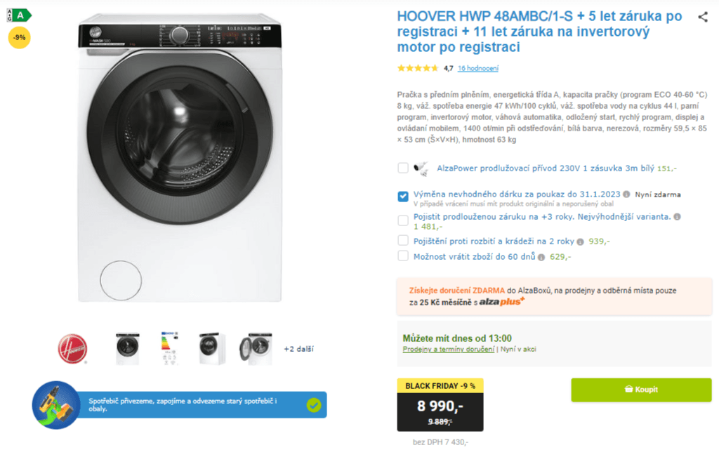 Pračka Hoover, 8kg, 1400 ot, pára, Wifi
