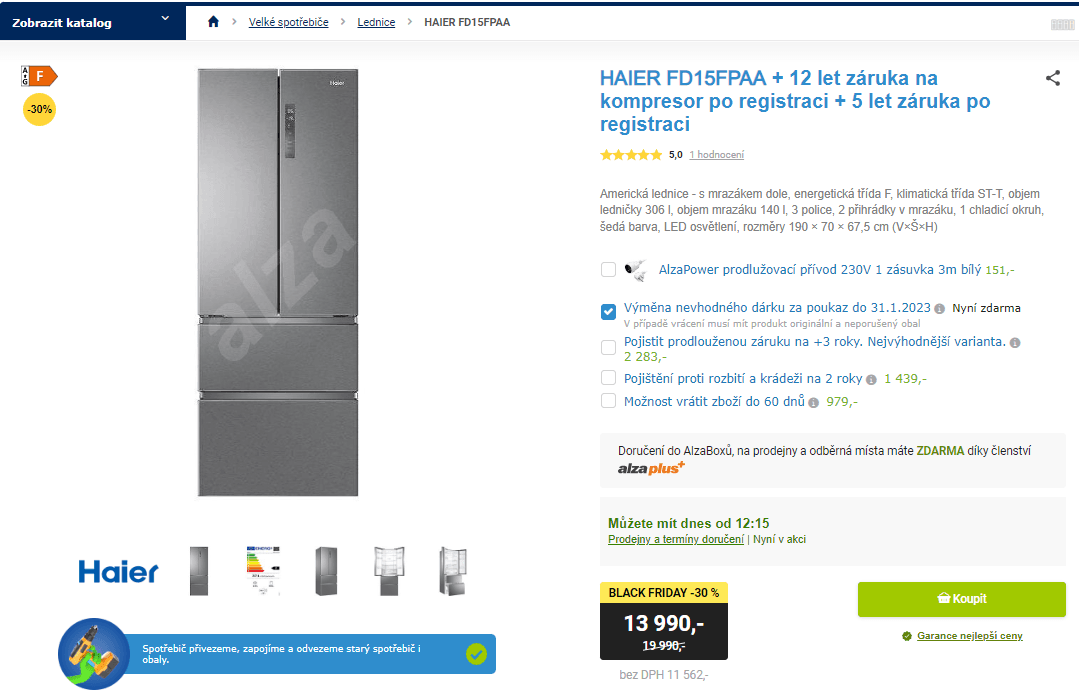 Americká lednice Haier, 304/140 l, 190 cm