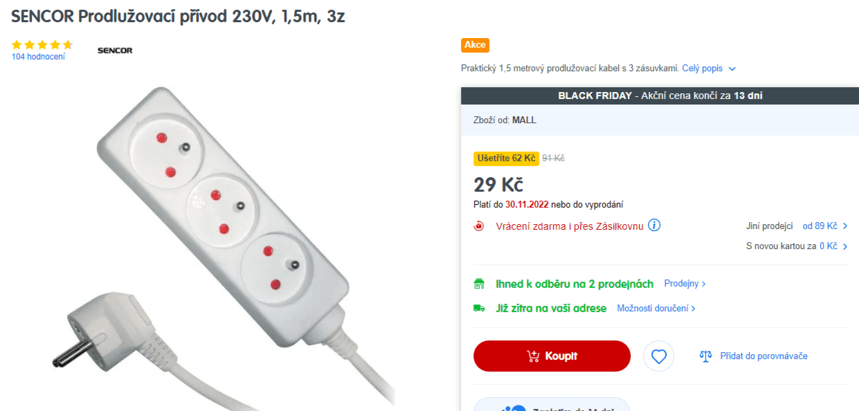 Prodlužovací přívod 1,5 metru, 3 zásuvky