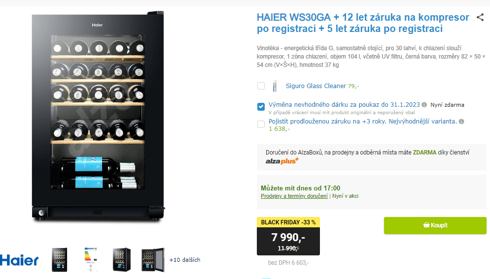 Jednozónová vinotéka Haier, 30 lahví, 104 l