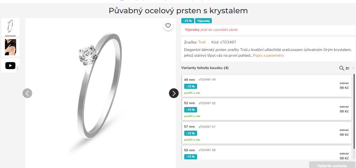 Půvabný ocelový prsten s krystaly