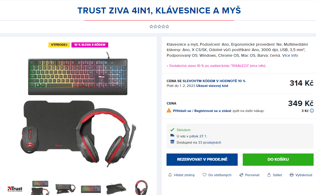 Set herní klávesnice, sluchátek, myši a podložka