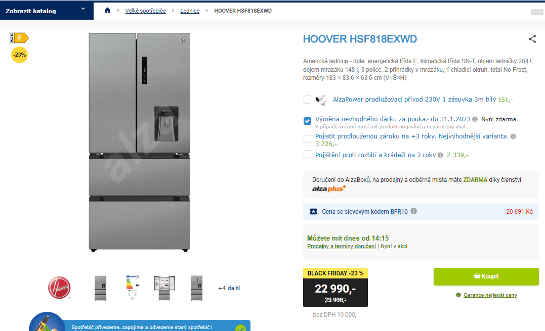 Americká lednice Hoover, voda, no frost