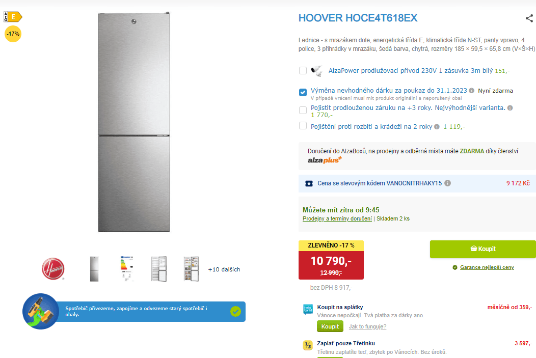 Komb. lednice Hoover, E, 185 cm
