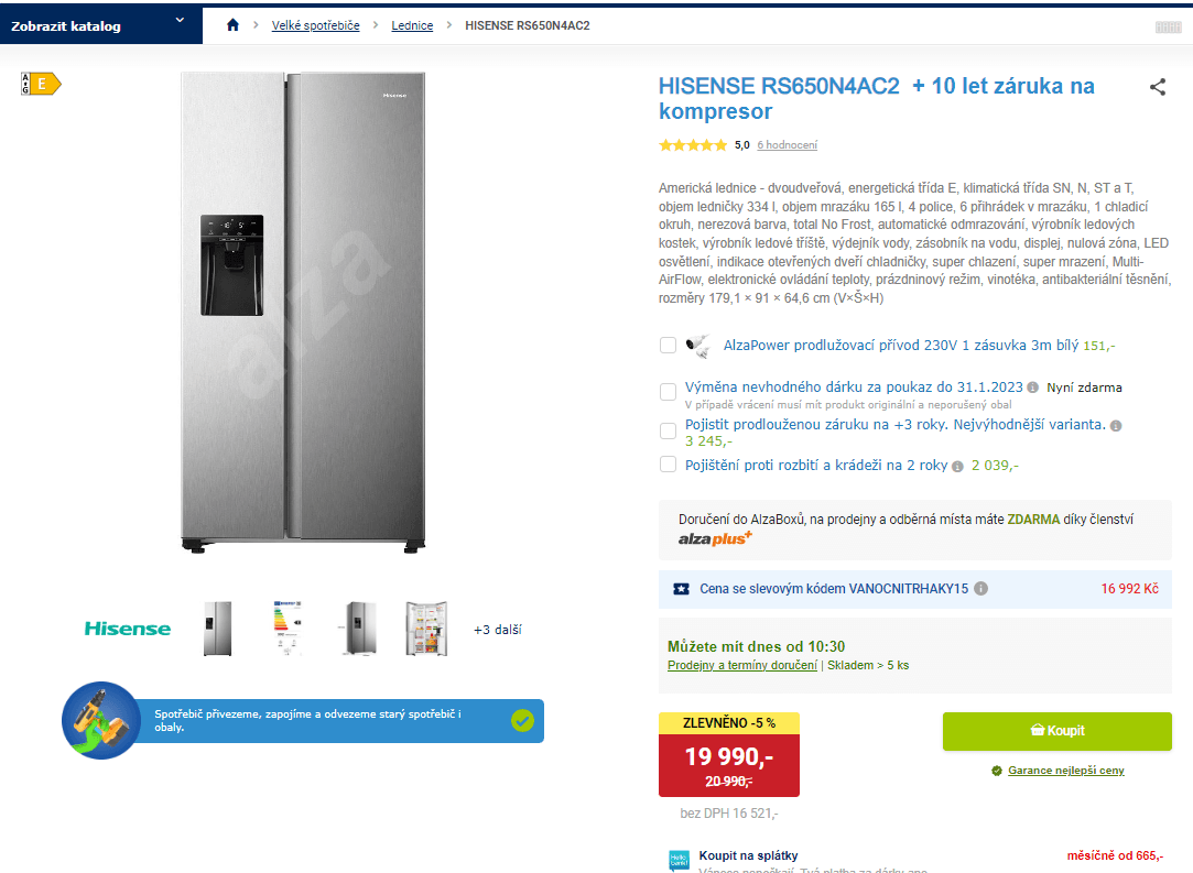 Americká lednice Hisense, 334/165l, led
