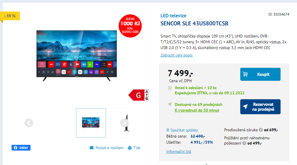 4K Smart TV 109cm, Sencor