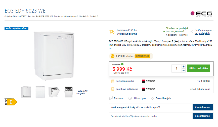 Myčka nádobí ECG, 60 cm, 12 souprav