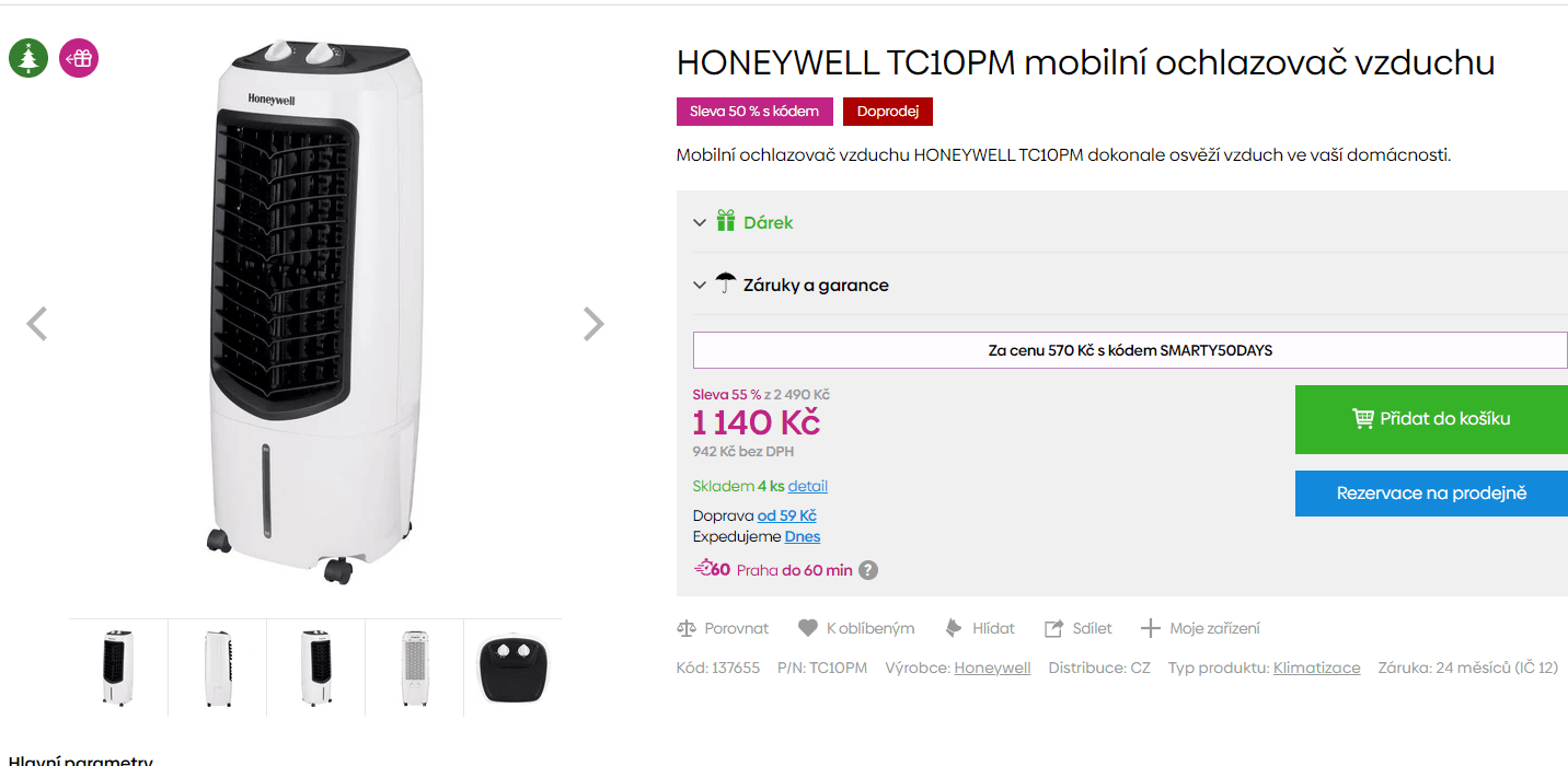 Mobilní ochlazovač vzduchu Honeywell TC10PM