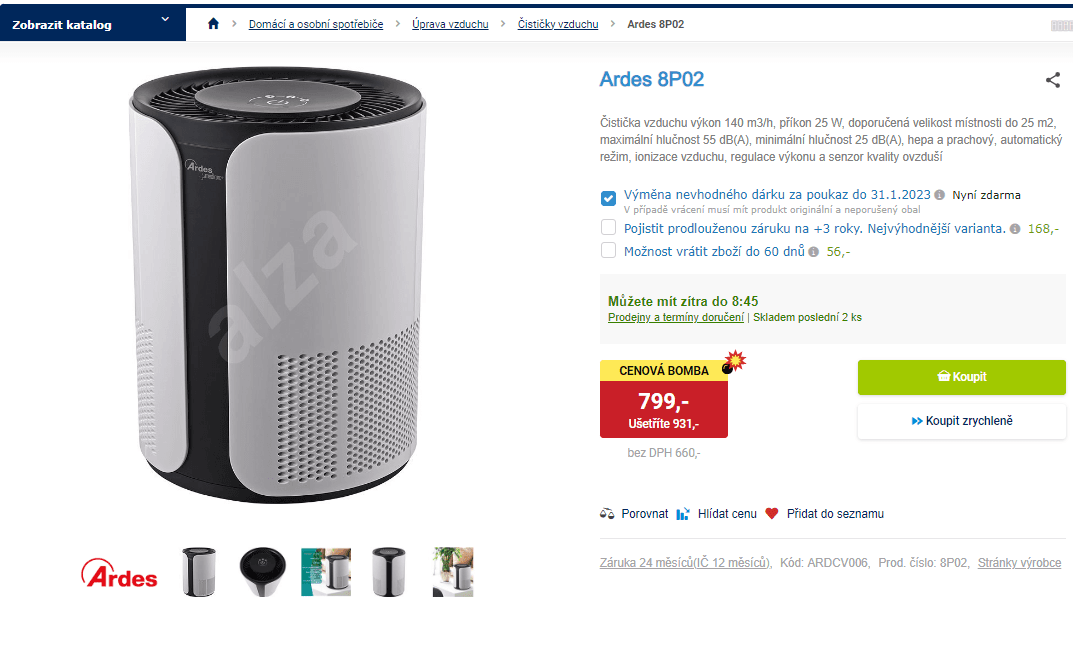 Čistička vzduchu Ardes, do 25 m2, ionizace 