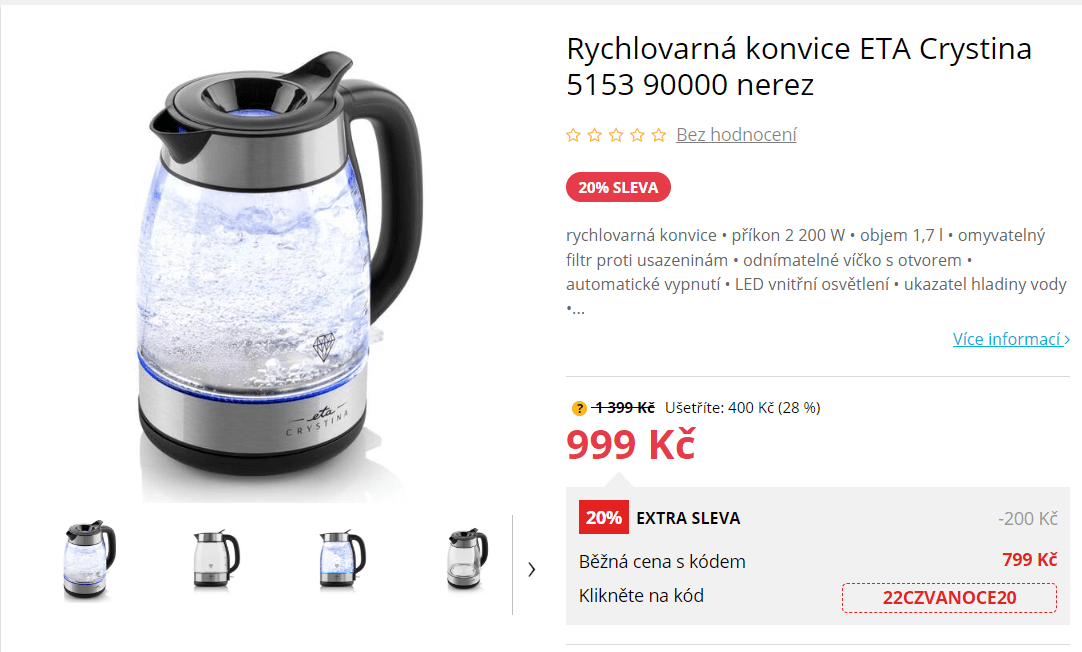 Rychlovarná konvice ETA, 1,7l, 2200W, nerez