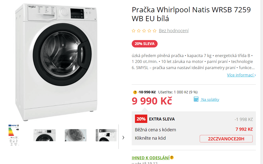 Pračka Whirlpool, 1200 ot./min, 7 kg, pára