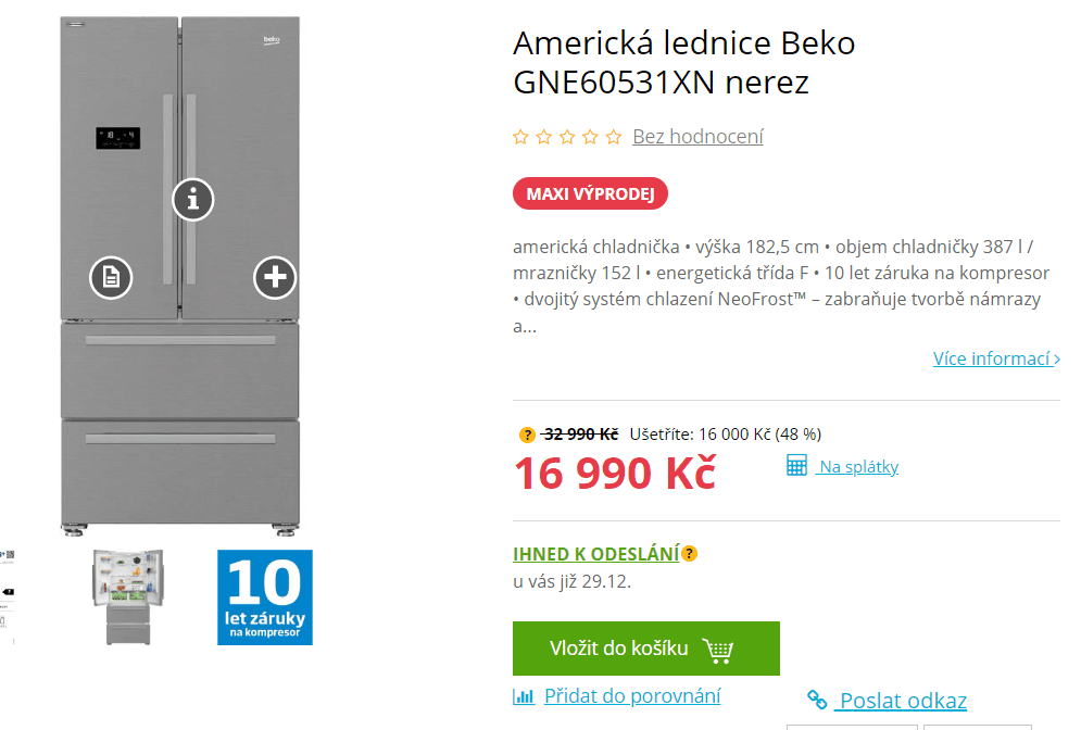 Americká lednice Beko, 387/152l, nerez