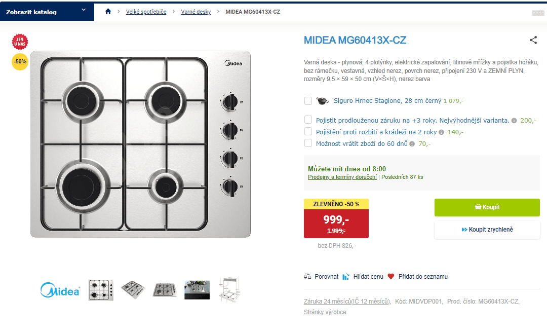 Plynová varná deska Midea, nerez