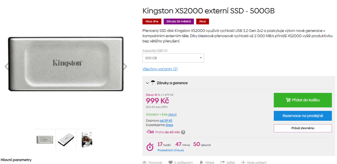 2,5" externí disk Kingston, 500GB, 7x3cm
