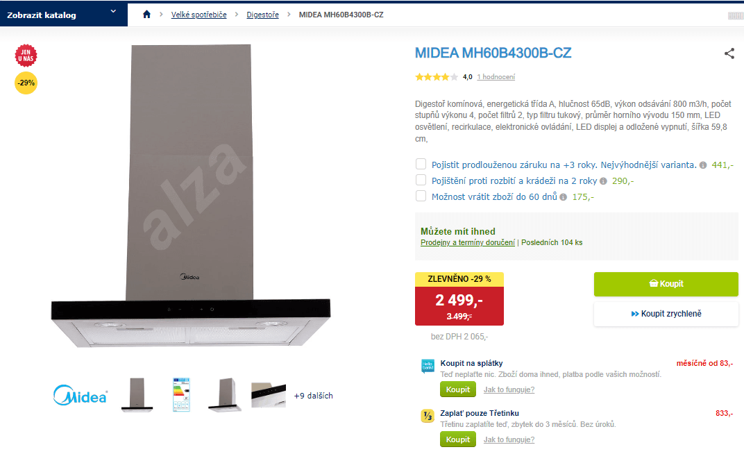 Komínová digestoř Midea, 800 m3/h