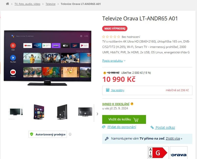 4K Android Smart TV, 164cm, Orava