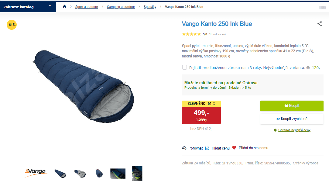 Spacák Vango Kanto, 1,8 kg, 5 °C