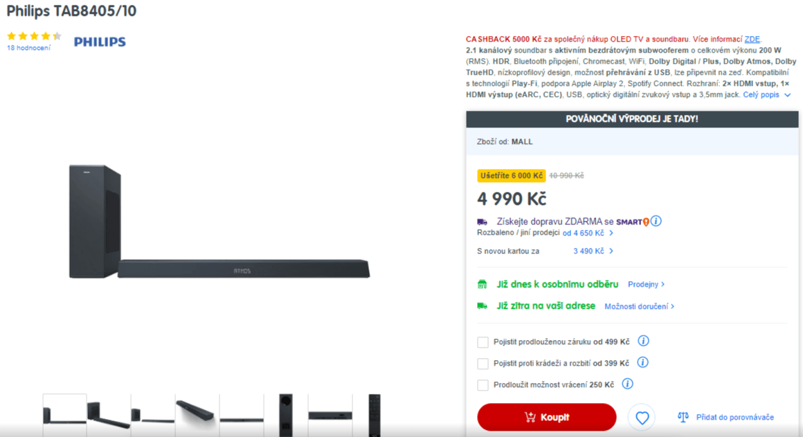 Soundbar Philips 2.1, 240W, Atmos, subwoofer