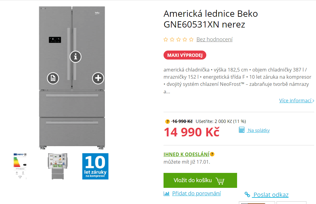 Americká lednice Beko, 387/152l, nerez