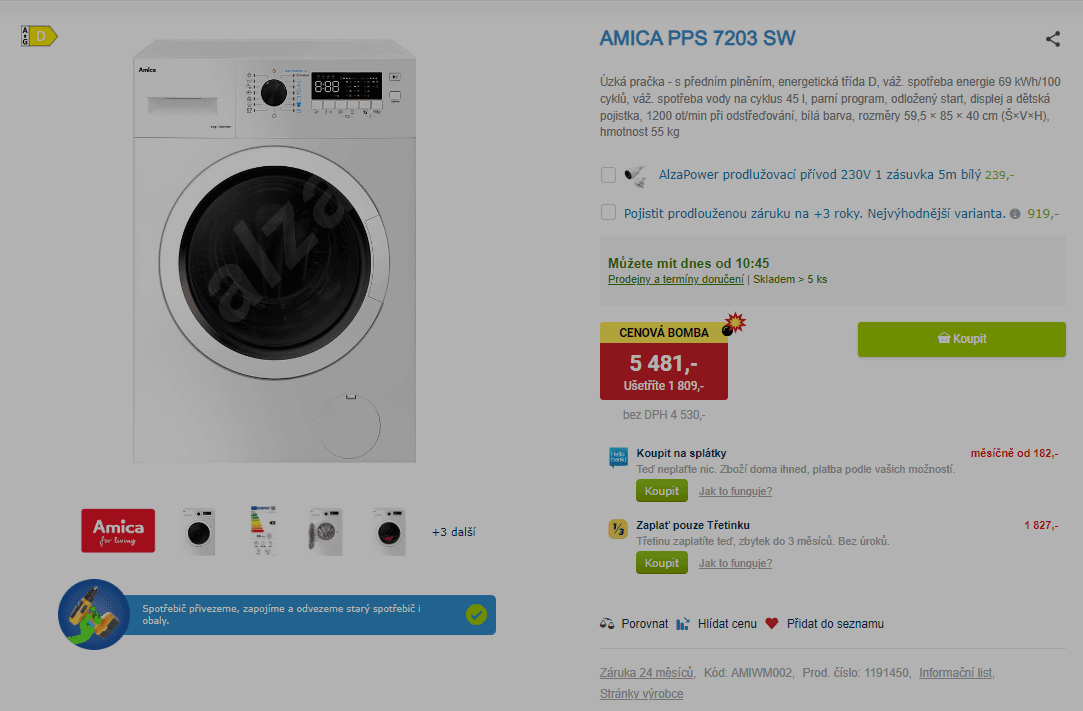 Pračka Amica, 7 kg, 1200 ot/min, pára