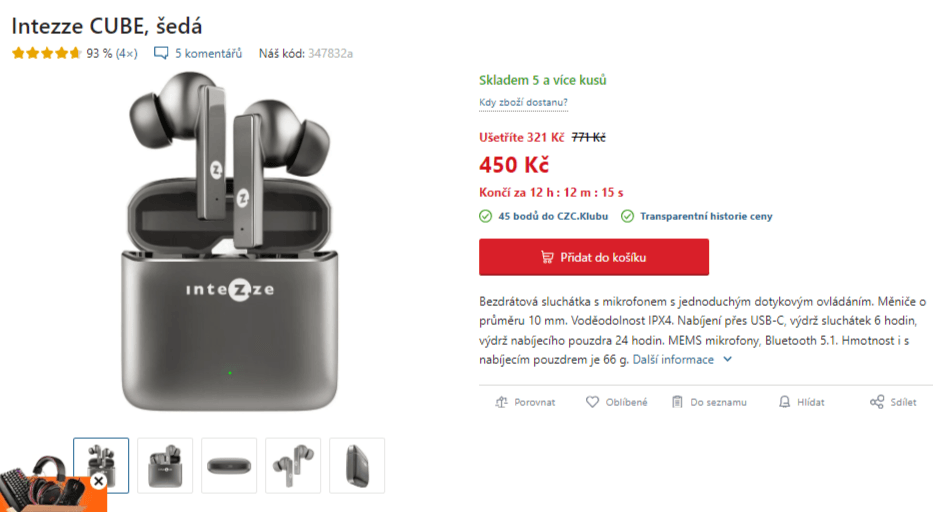 BT sluchátka Intezze CUBE, 30 hod., TWS