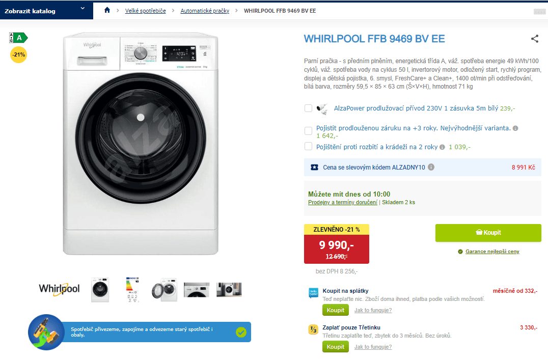 Pračka Whirlpool, 1400 ot/min, A, 9 kg