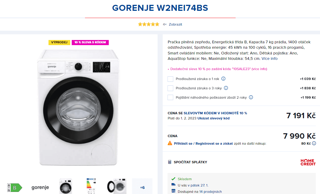 Pračka Gorenje, 7 kg, 1400 ot./m, B
