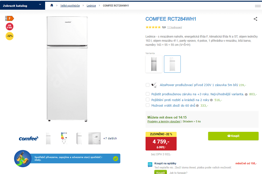 Komb. lednice Comfee, 163/41 l, 143×55×55 cm