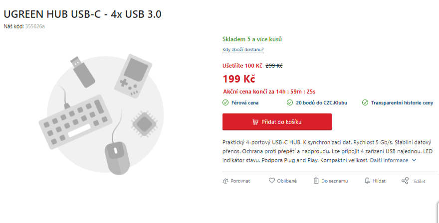 4-portový USB hub Ugreen, 5 Gb/s