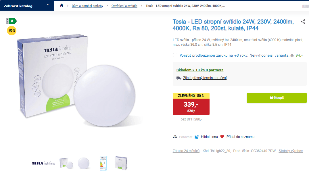 LED stropní svítidlo Tesla, 2400lm, 36,8 cm