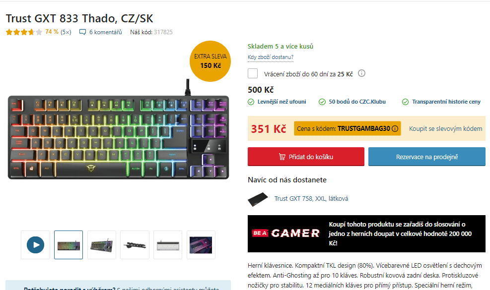 Herní klávesnice Trust Thado, USB, LED
