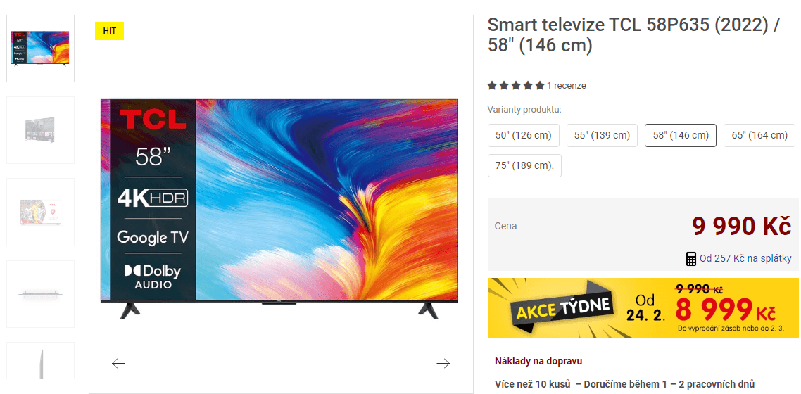 4K Smart TV, Google, 147cm, TCL