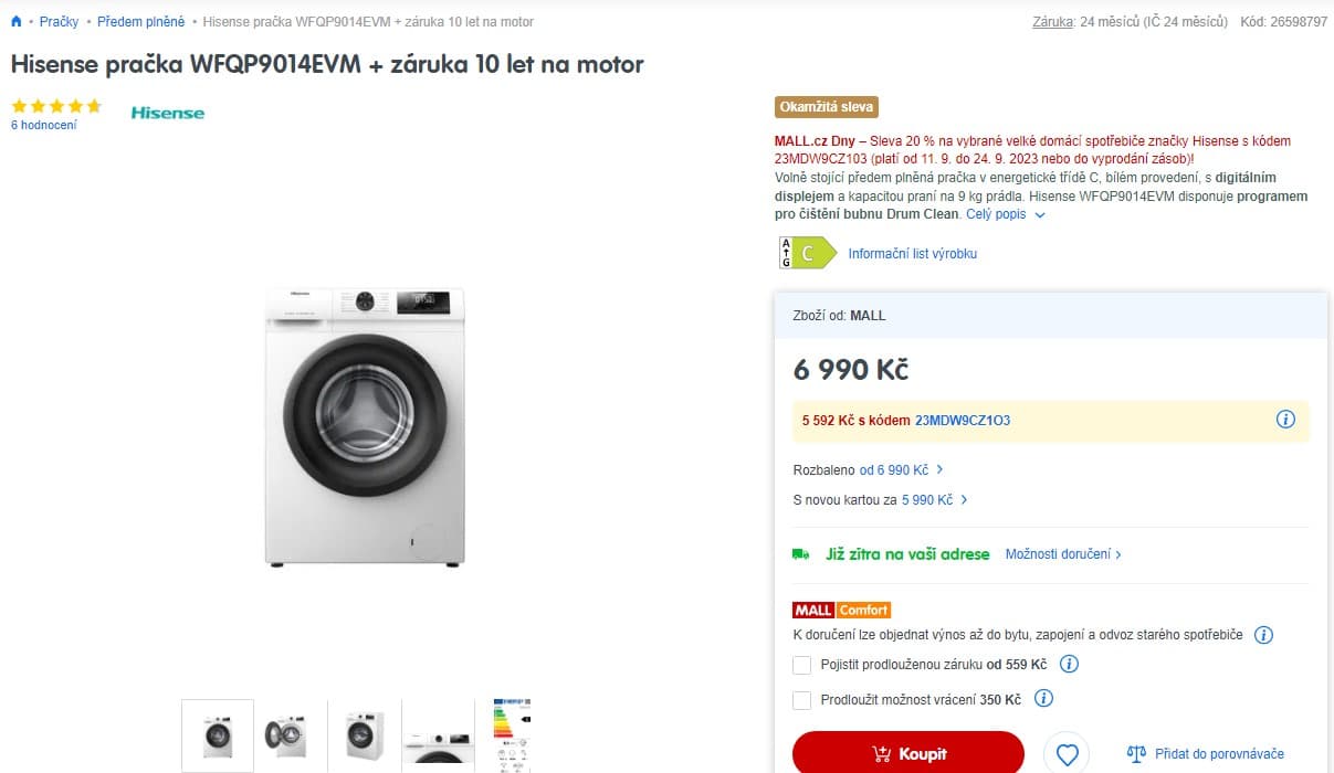 Pračka Hisense, 9 kg, 1400 ot./min, C
