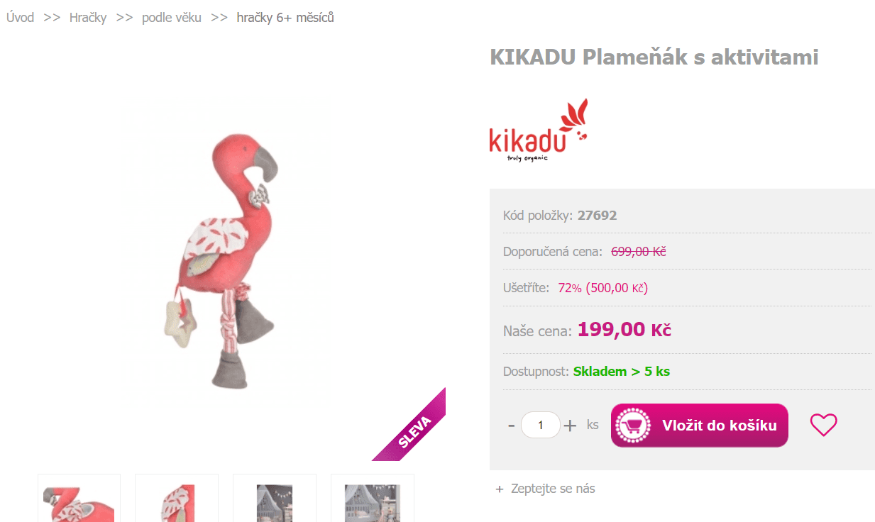 Textilní hračka plameňák s aktivitami