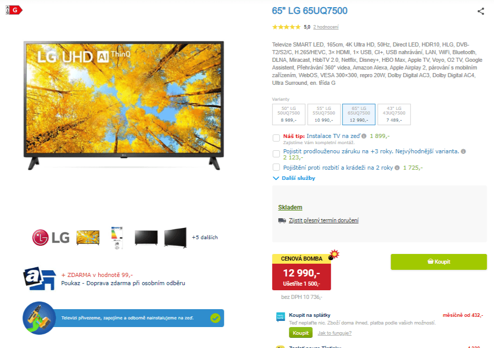 4K Smart TV, HDR, 165cm, LG