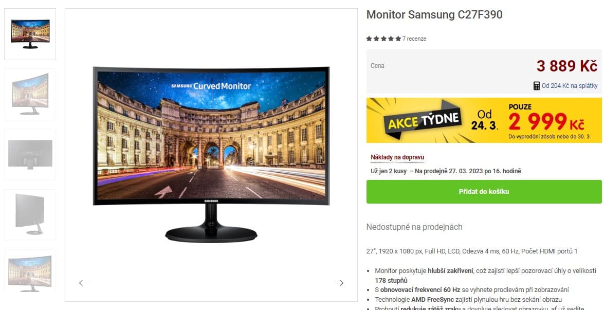 Prohnutý monitor Samsung, 27", Full HD