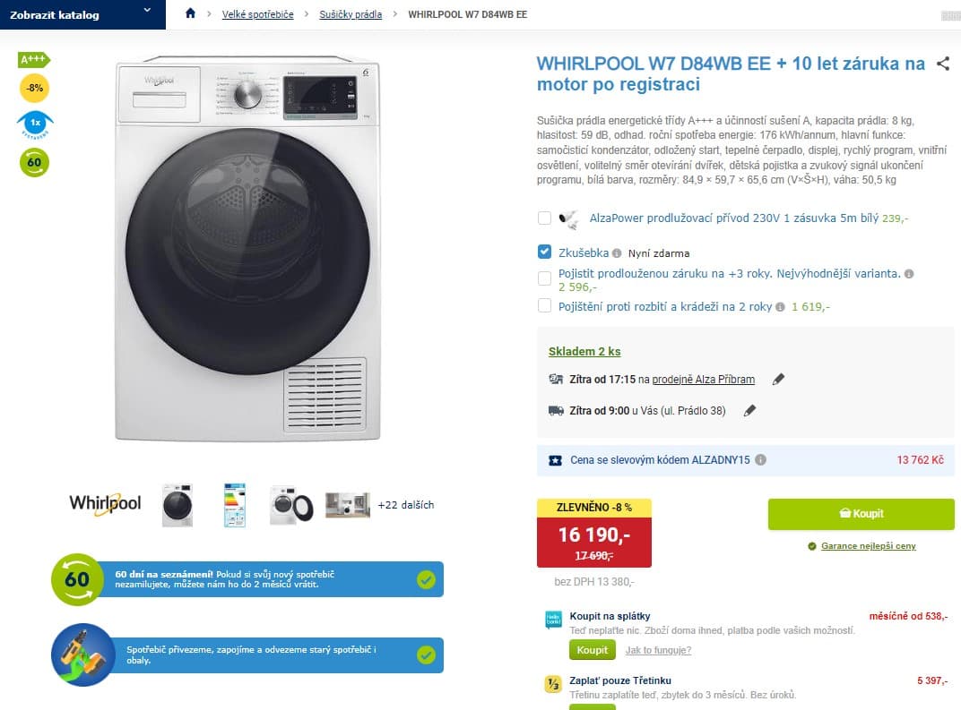 Sušička prádla Whirlpool, A+++, 8 kg