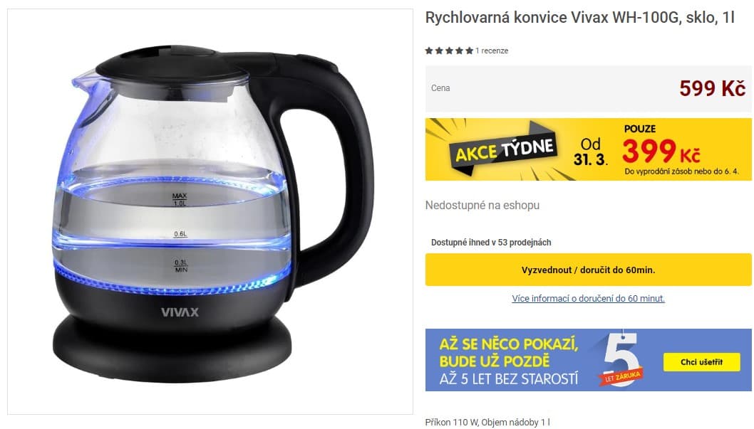 Rychlovarná konvice Vivax WH-100G, 1l