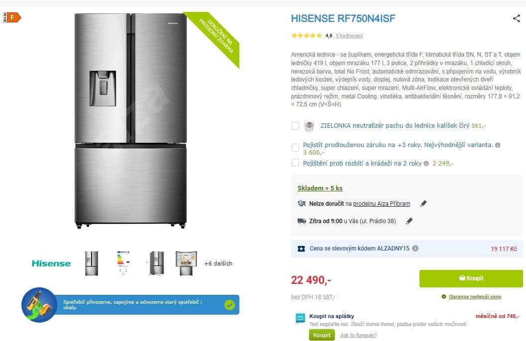 Americká lednice Gorenje, led, voda, 419/177l
