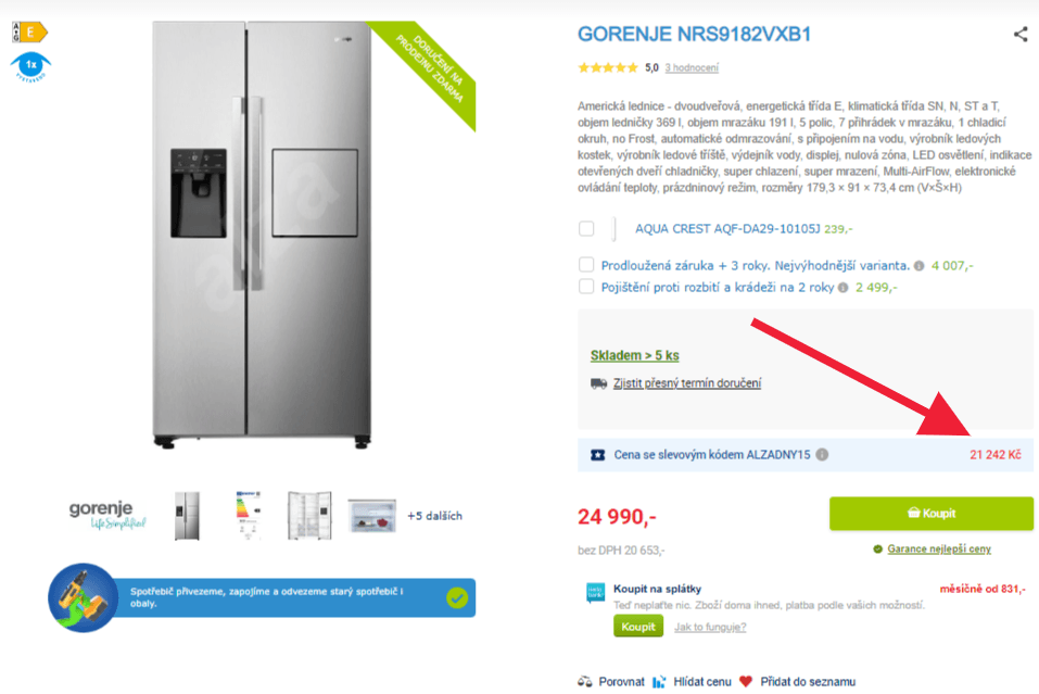 Americká lednice Gorenje, led, voda, bar, 180cm