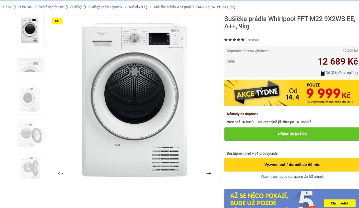 Sušička prádla Whirlpool, A++, 9 kg