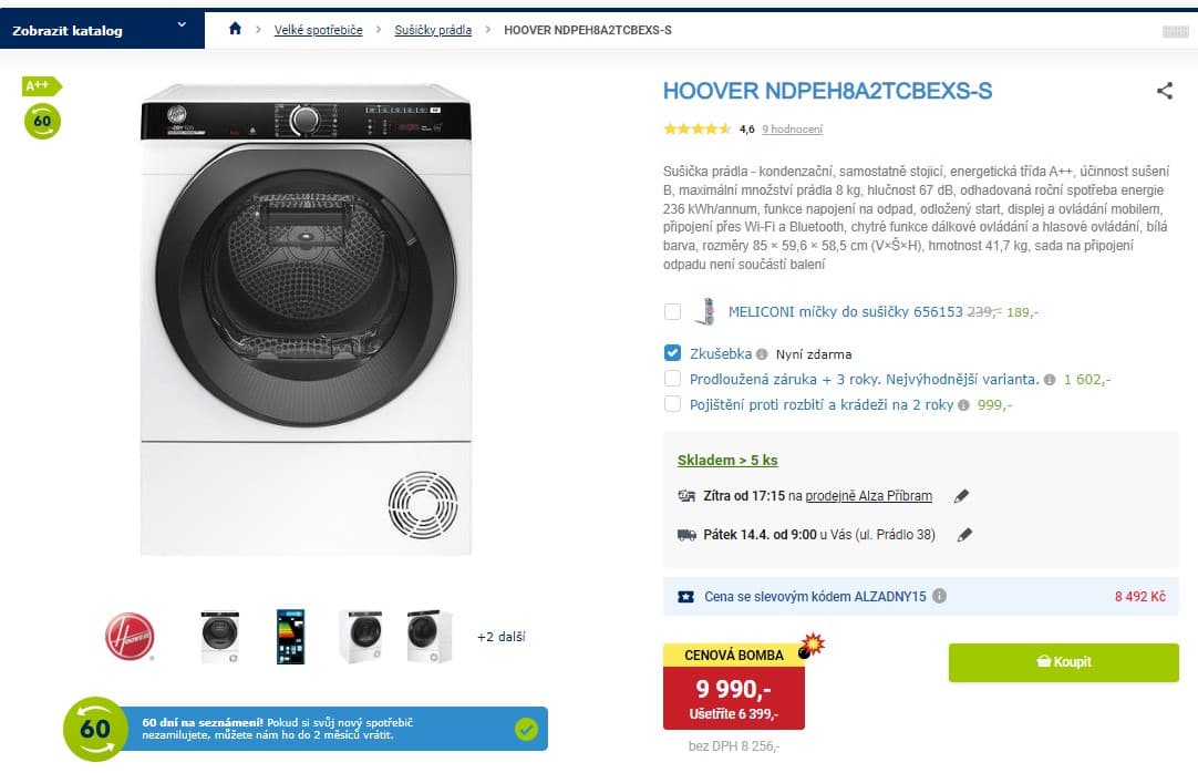 Sušička prádla Hoover, A++, 8 kg