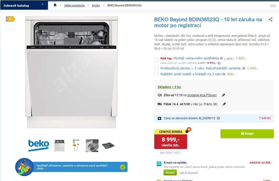 Myčka nádobí Beko, 15 sad, E, 60 cm