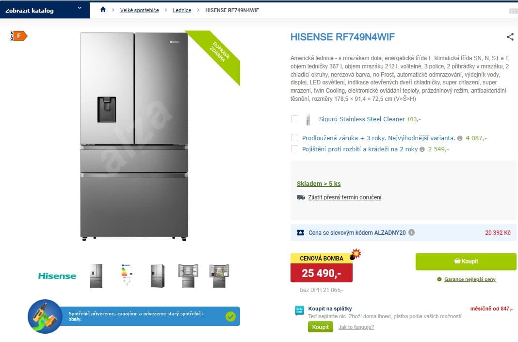 Americká lednice Hisense, voda, 367/212 l