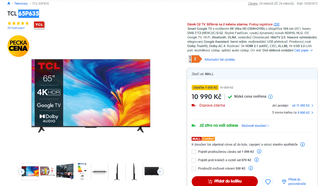 4K Smart TV, Google, 164cm, TCL
