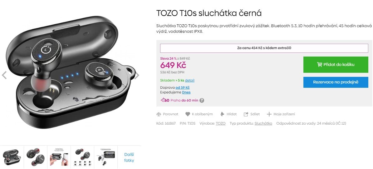 Bluetooth sluchátka TOZO T10s